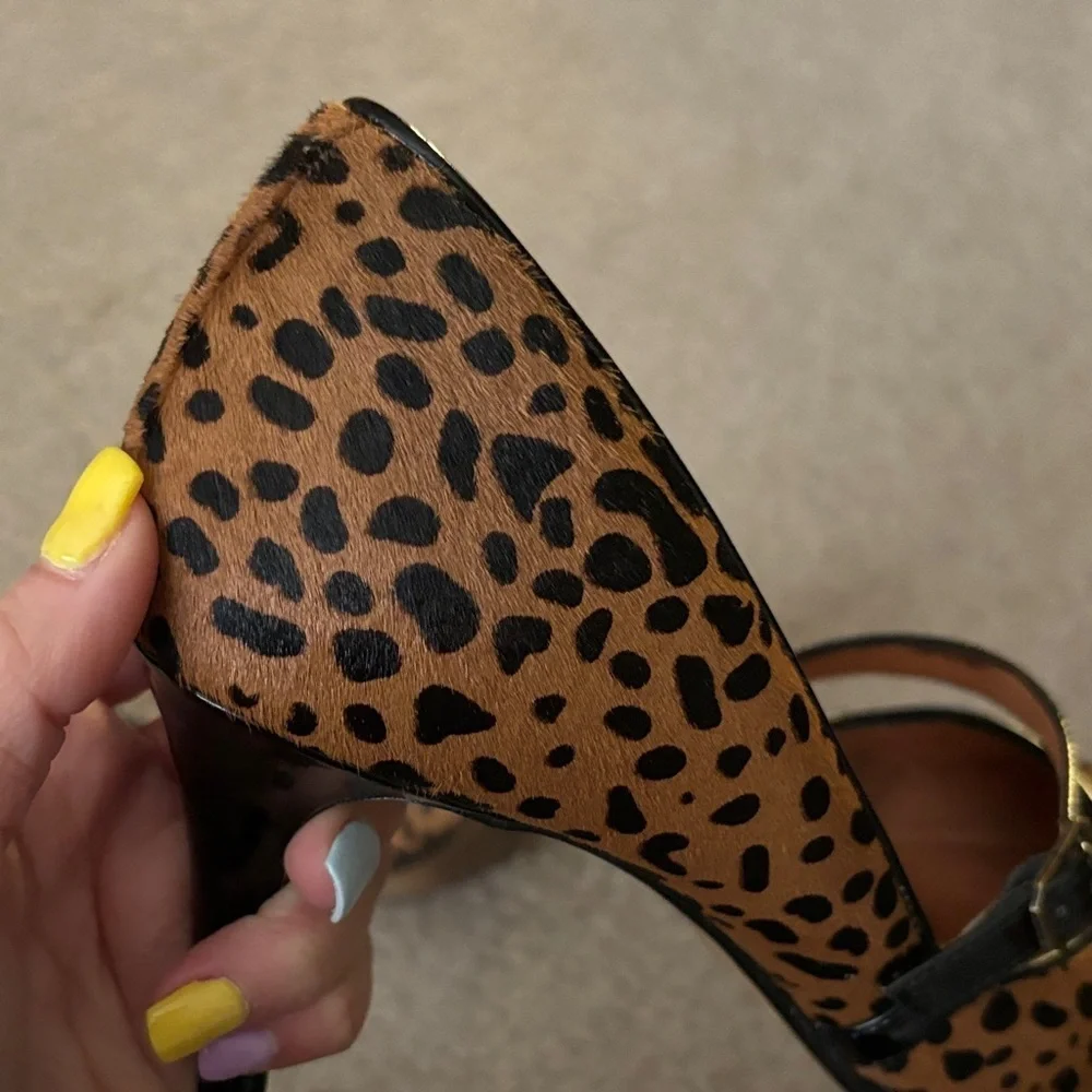 Halogen Calf Hair Leopard Print Heels with Black Straps size 8
